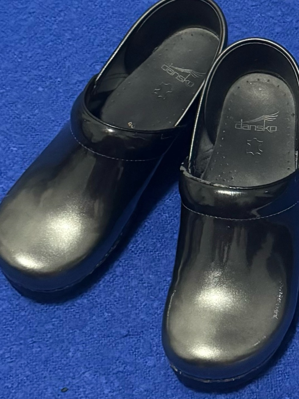 Dansko Black and Gray “Oil-Slick” Patent Slip-On Clogs